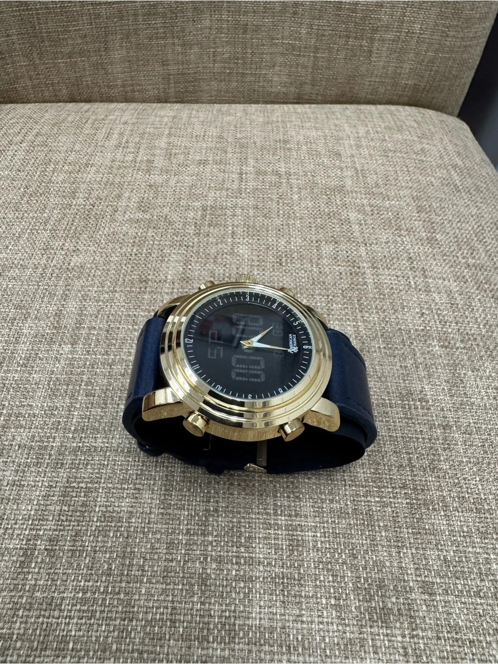 American Exchange Men’s Quartz Analog-Digital Watch Blue Leather Strap Gold Box